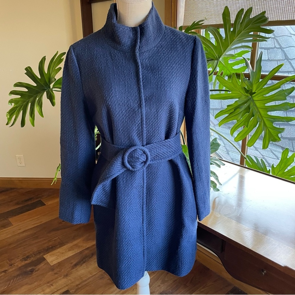 J. McLaughlin Textured Navy Blue Belted Car Coat Arden size M